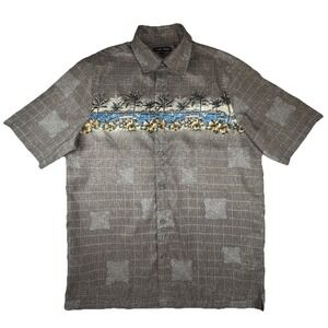 George Classics Shirt Mens Medium Brown‎ Tropical Island Scenic Palm Tree Aloha